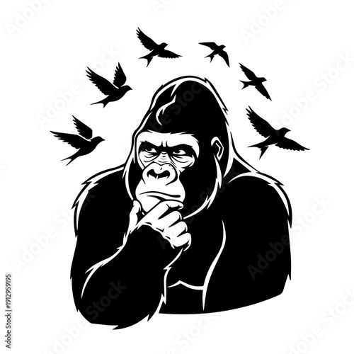 Gorilla contemplating the flight of birds in a minimalist black and white illustration