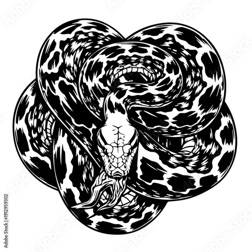 Mysterious black and white abstract knot with intricate central figure