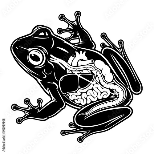 Black and white illustration of a stylized frog with an exaggerated grin