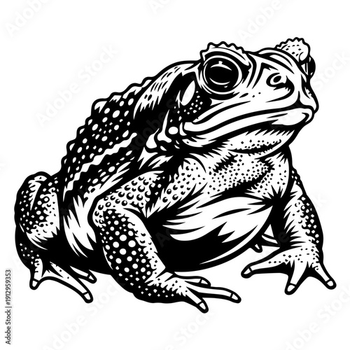 A classic black and white illustration of a resting toad on a flat surface