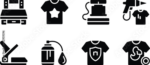 Silhouette illustration of t-shirt printing icons including heat press, star design, transfer machine, heat gun, vinyl cutter, spray paint, shield emblem, and swirl graphic