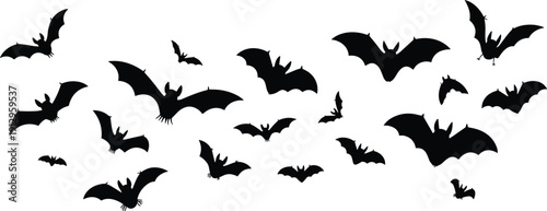 Flying bat silhouettes swarm, spooky halloween night scene, black bats in motion, horror concept illustration, isolated vector design background