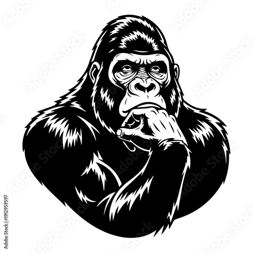 Thoughtful gorilla in contemplative pose with hand resting on chin