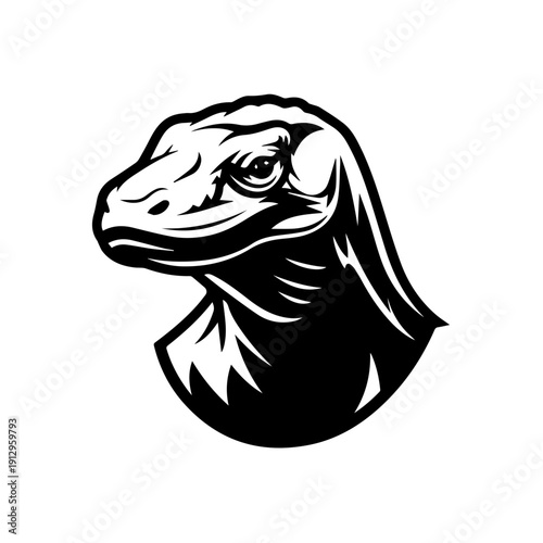 Black and white illustration of a komodo dragon head in profile view