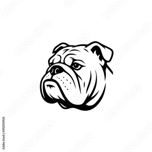 A detailed black and white illustration of a bulldog's head in profile view