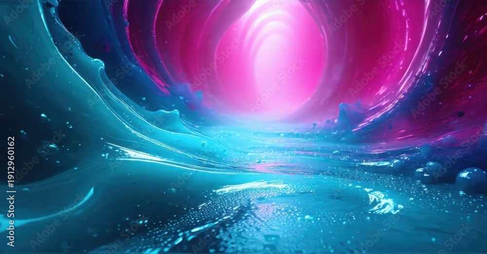 Fototapeta premium Vibrant swirling energy forms tunnel. Blue, pink hues dominate abstract scene. Light radiates from central point. Fluid motion visible.