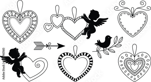 Silhouette illustration of Valentine’s Day icons including patterned hearts, cherubs with wings, decorative arrow, and bird on leafy branch for romance and festive design themes