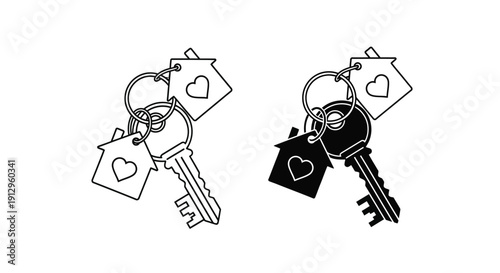 Collection of house-shaped keychain icons featuring a heart motif presented in both outline and solid black silhouette styles for real estate concepts.