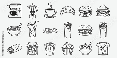 Hand Drawn Food and Beverage Doodle Set, Sketch Style Breakfast and Fast Food Collection with Coffee, Croissant, Burger, Fries, Cupcake and Drink Illustrations