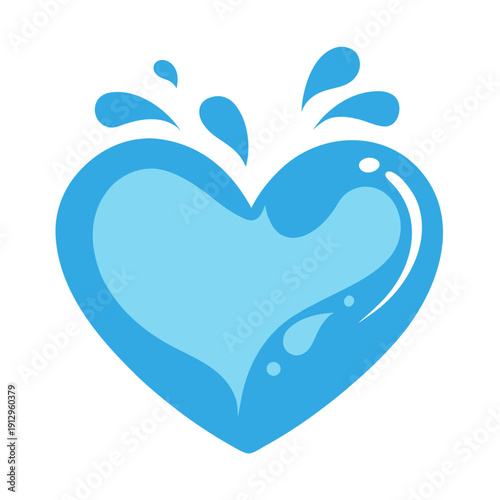 A blue heart icon with water droplets splashing out of it, symbolizing love and hydration.