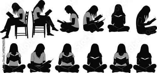 Girl reading book silhouette vector collection, student sitting poses studying and learning activity isolated, education lifestyle illustration set for knowledge concept design