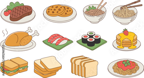Collection of International Food Illustrations Featuring Steak Sushi Noodles Pancakes and Pasta Isolated on White Background for Restaurant Menu Design