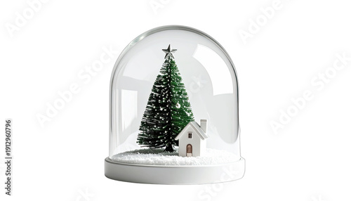 A miniature festive scene featuring a Christmas tree and house inside a glass dome.
