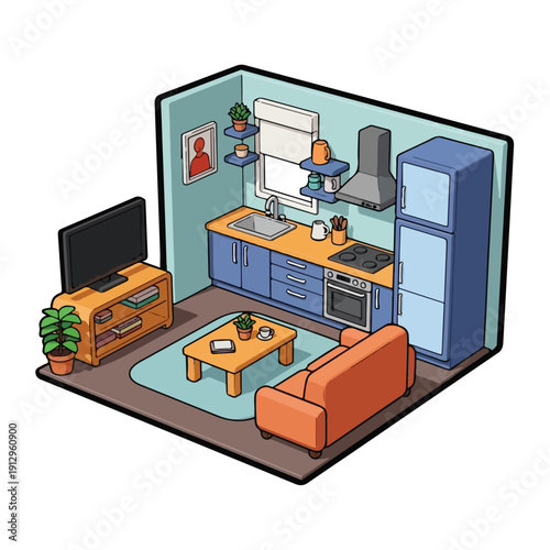 Isometric illustration of a modern living room with kitchenette, sofa, television, and appliances from a 45-degree viewpoint
