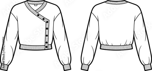 Technical fashion illustration of women’s cropped sweater with asymmetrical diagonal button-up front, ribbed cuffs, waistband, and neckline, shown in front and back garment views