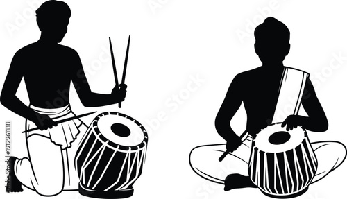 Traditional Indian drum player silhouette illustration featuring musicians in dhoti attire playing percussion instruments symbolizing cultural music, folk performance, and classical heritage graphics