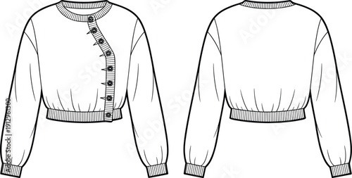 Technical fashion illustration of women’s long-sleeve sweater with diagonal button placket, puffed sleeves, ribbed cuffs, waistband, and crew neckline, shown in front and back garment views