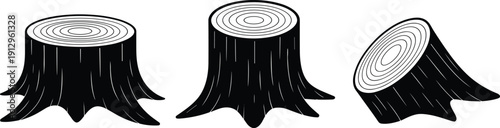 Tree stump silhouette illustration featuring growth rings, roots, and bark texture symbolizing forestry, biology, environmental science, and natural resource graphics