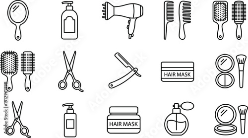 Black and white line icons of hair styling tools, beauty accessories, and salon equipment for professional and personal grooming illustrations