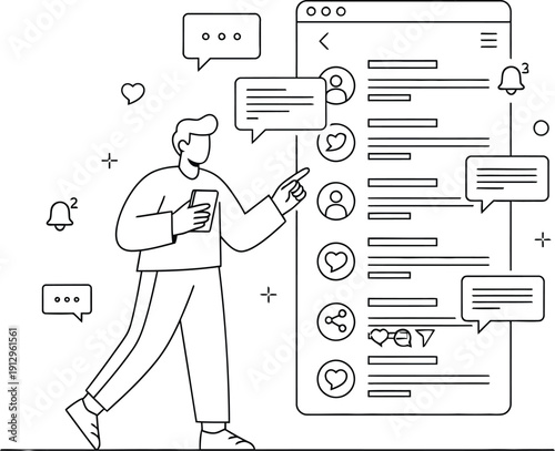 Man interacting with a large vertical social media feed displaying notifications likes comments and profile icons on a digital interface