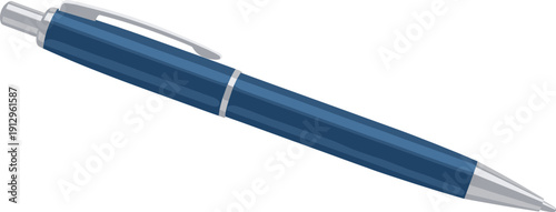Blue and Silver Retractable Ballpoint Pen Illustration Featuring Push-Button Mechanism and Clip for Writing, Office, and Stationery Themes