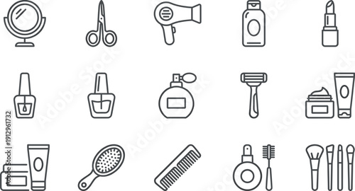 Personal care and grooming icon set featuring mirror, scissors, hairdryer, cosmetics, brushes, and hygiene tools in outline style.
