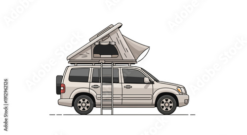 A silver SUV with a rooftop tent is parked on a flat surface viewed from the side