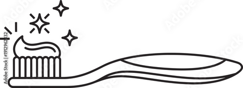 Toothbrush with toothpaste and sparkles icon in black and white line art style for dental hygiene.