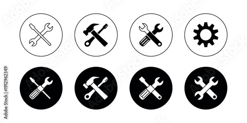 Repair Icon Set - Essential Wrench, Screwdriver, and Gear Vector Symbols for Maintenance, Construction, and Technical Support Services