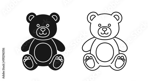 Two cute cartoon bear illustrations, one black and one white, sitting side by side. Vector