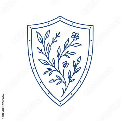 Minimalist Medieval Shield Vector Illustration with Floral Vines Decoration in Dark Blue Monoline Art Style