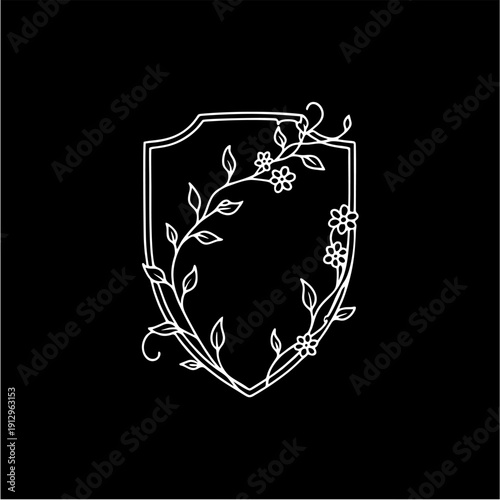 Minimalist Medieval Knight Shield Vector Illustration with Floral Vines and Leaves Decoration in Monoline Art Style, Logo, Tattoo Design