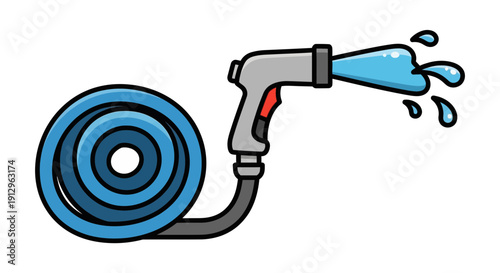 Hose nozzle spraying water with a coiled blue hose, outdoors, graphic illustration