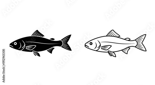 Two fish illustration, vector art, simple line drawing, minimalist design, black and white Vector