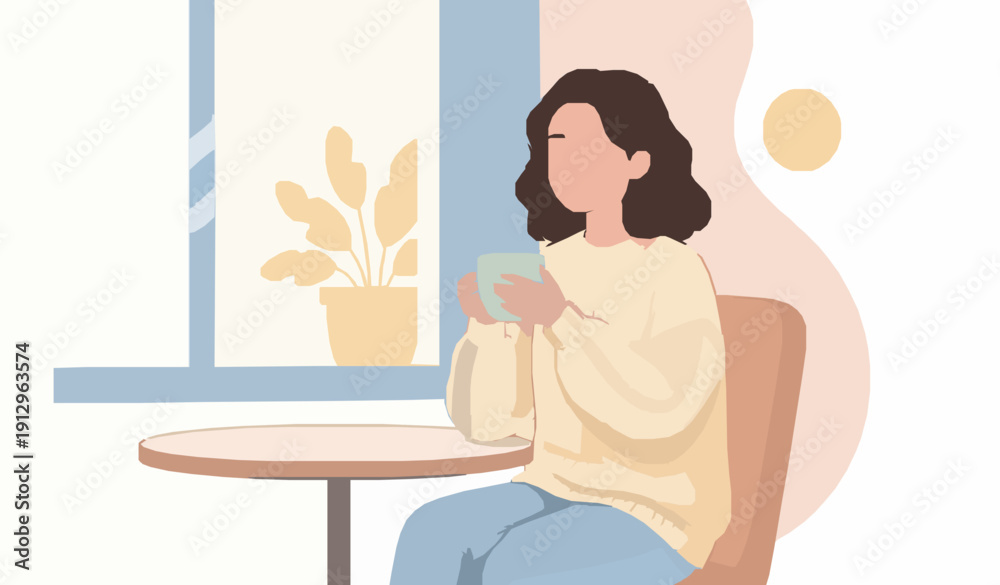 Obraz premium Solitude and a Moment of Calm: A figure finds peace indoors with a cup in hand, as natural light filters through a nearby window, fostering a serene atmosphere.