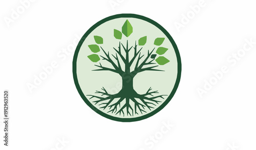 Modern Geometric Tree of Life in Bold Circle with Roots and Green Leaves Vector