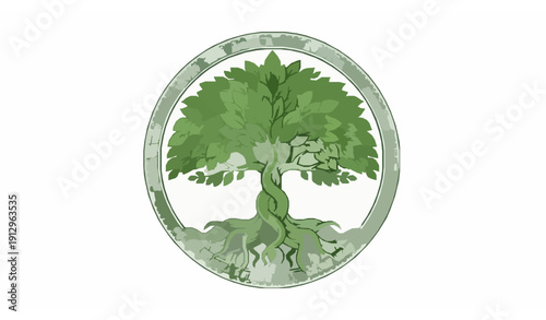Ornamental Tree of Life Mandala Circle Vector with Intricate Roots and Green Leaves