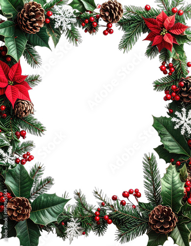 Festive holiday border frame with pine, poinsettia, berries, and cones on black background