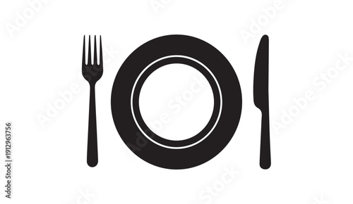 Black Silhouette of Plate, Fork, and Knife on White Background