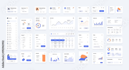 A collection of business infographics and charts displayed on various digital screens and interfaces, showcasing data visualization and graphic design elements.
