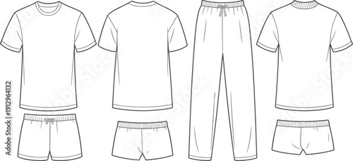 Technical Sketch Illustration of Basic Activewear Set Featuring T-Shirt Joggers and Shorts Front and Back Views for Fashion Design Mockup