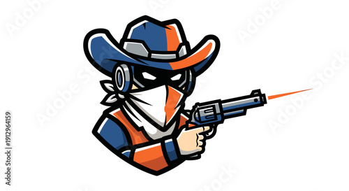 A cartoon cowboy character holding a futuristic gun and wearing a mask, illustrated in a dynamic pose