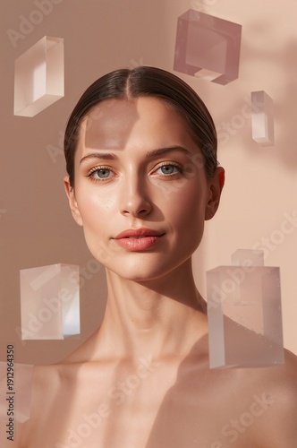 Studio beauty portrait of young woman with clear glowing skin and natural makeup facing forward while translucent geometric glass blocks float around her