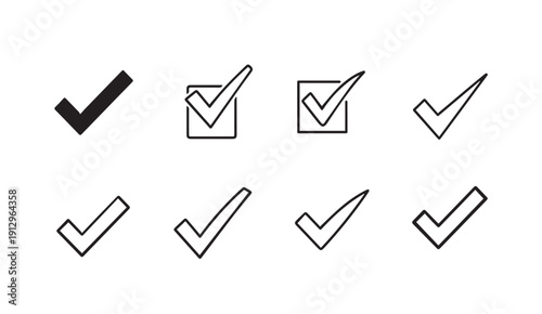 Collection of checkmark icons, solid and outline styles, isolated on white background