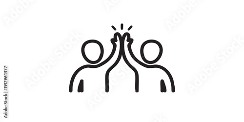 Black and white flat vector icon of two people high-fiving happily, minimal outline style, single centered composition, isolated on white background, clean design.