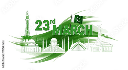 Pakistan day celebration with green graphics and historical building
