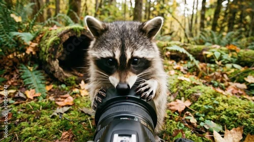 Raccoon, procyon lotor, holding a camera lens with its paws, showing its curiosity and engagement with technology in its natural woodland habitat with moss, ferns, and fallen leaves