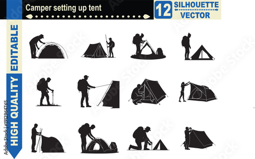 Silhouette set of 12 campers setting up a tent in the wilderness, symbolizing outdoor adventure, camping trip preparation, and an active lifestyle.