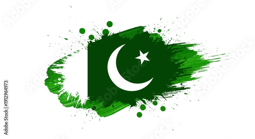 A creative representation of the pakistani flag with green brush strokes and splatters.