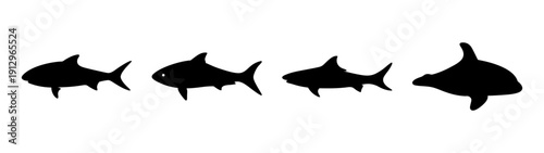 Set of diverse shark silhouettes in flat design vector illustration